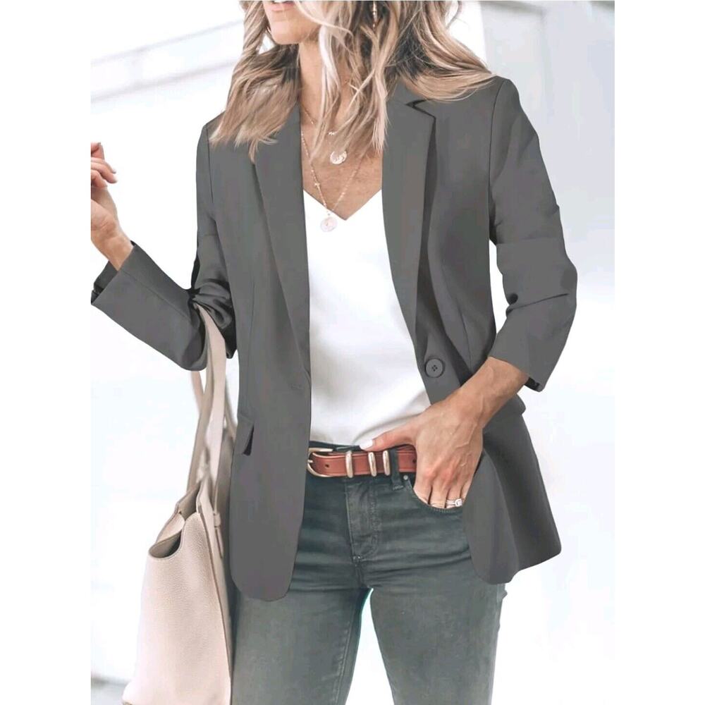 New Cicy Bell Blazer Sz M Gray Business Casual One Button Pockets Classic Career - Picture 4 of 16
